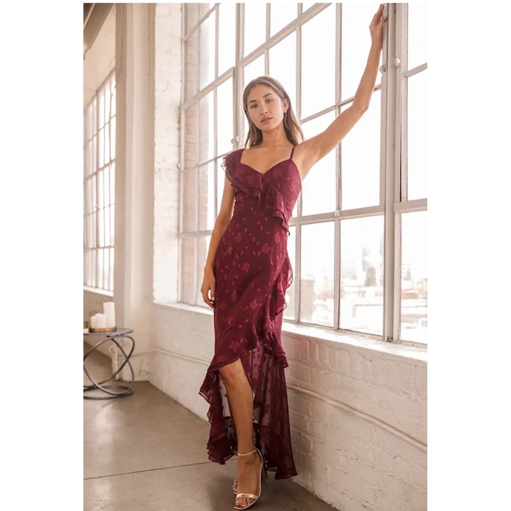Forever Be Burgundy Floral Jacquard Ruffled Maxi Dress Size S